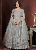 Net Pista Ceremonial Wear Embroidery Work Readymade Gown With Dupatta